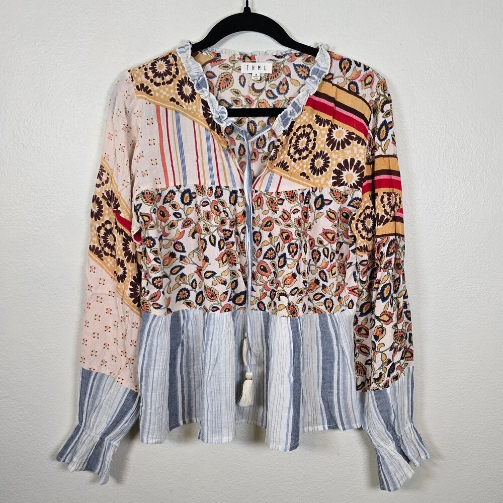 THML Mixed Print Patchwork Blouse Women's M Boho Festival Summer Casual Beachy